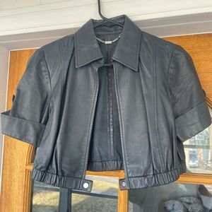 Worth Women’s Cropped Leather Jacket Midnight Dark Navy Size Small